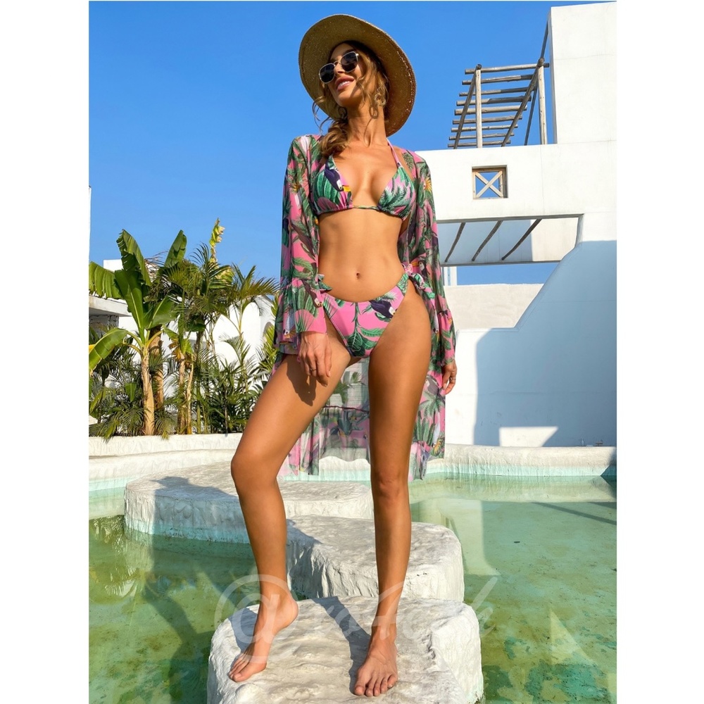 3 Piece Bikini Set Tropical Print Swimsuit and Kimono - Picture 2 of 7
